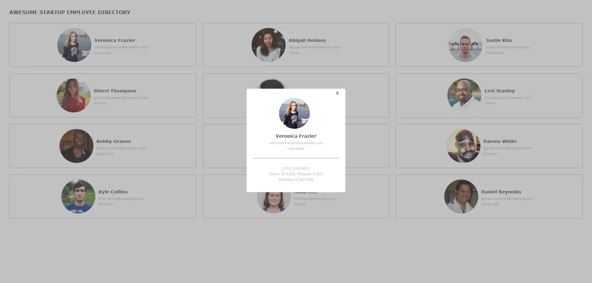 screenshot of the employee directory