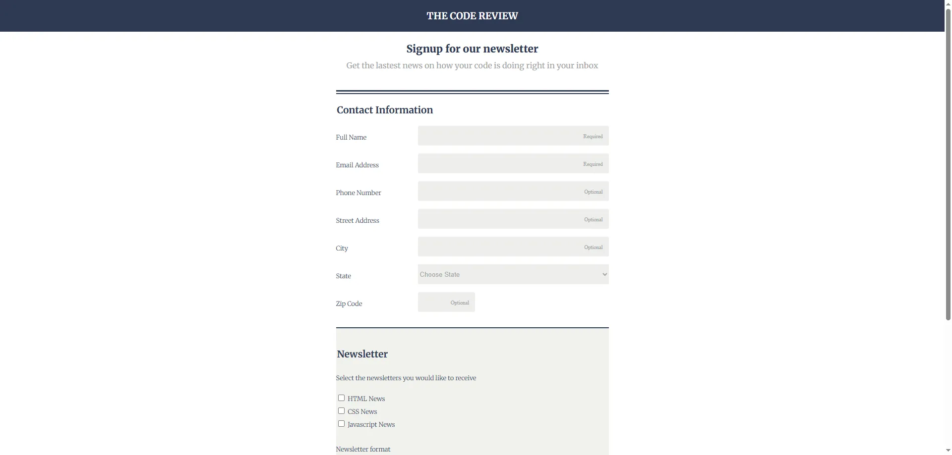 screenshot of the code review sign up form